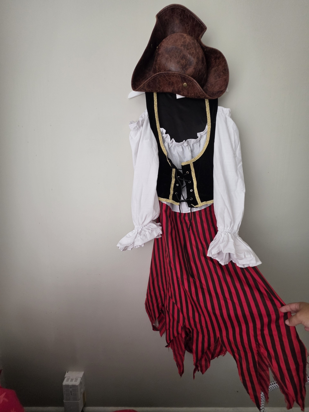 Adult Pirate Costume with Black Vest and Red-Black Striped Skirt
